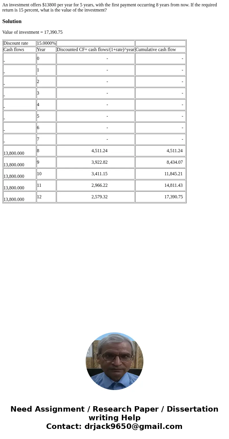 An investment offers $13800 per year for 5 years, with the first payment occurring 8 years from now. If the required return is 15 percent, what is the value of  An investment offers $13800 per year for 5 years, with the first payment occurring 8 years from now. If the required return is 15 percent, what is the value of