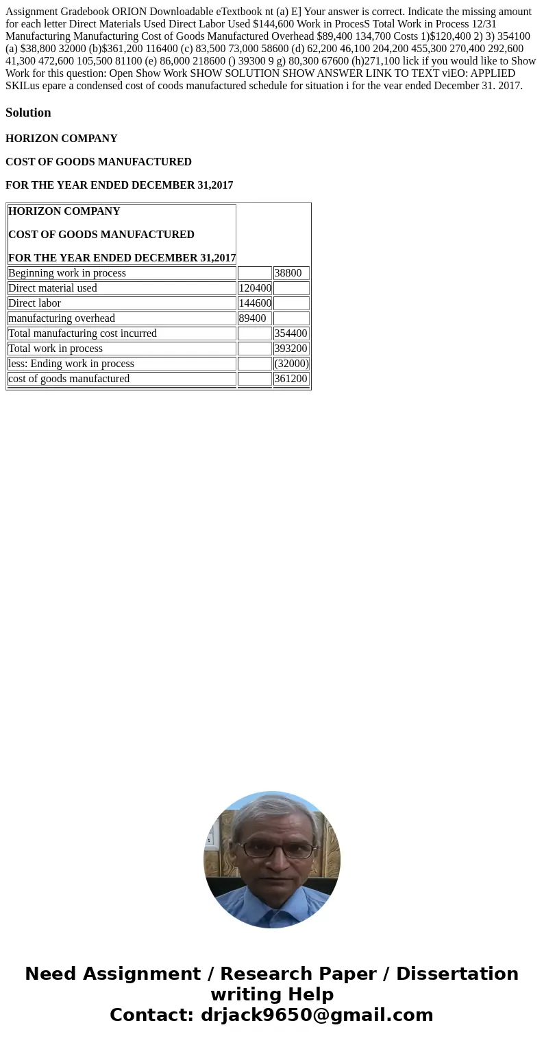  Assignment Gradebook ORION Downloadable eTextbook nt (a) E] Your answer is correct. Indicate the missing amount for each letter Direct Materials Used Direct La