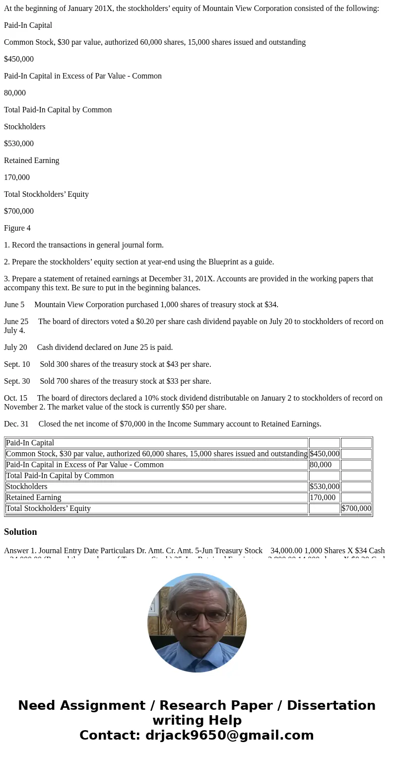 At the beginning of January 201X, the stockholders’ equity of Mountain View Corporation consisted of the following: Paid-In Capital Common Stock, $30 par value, At the beginning of January 201X, the stockholders’ equity of Mountain View Corporation consisted of the following: Paid-In Capital Common Stock, $30 par value,