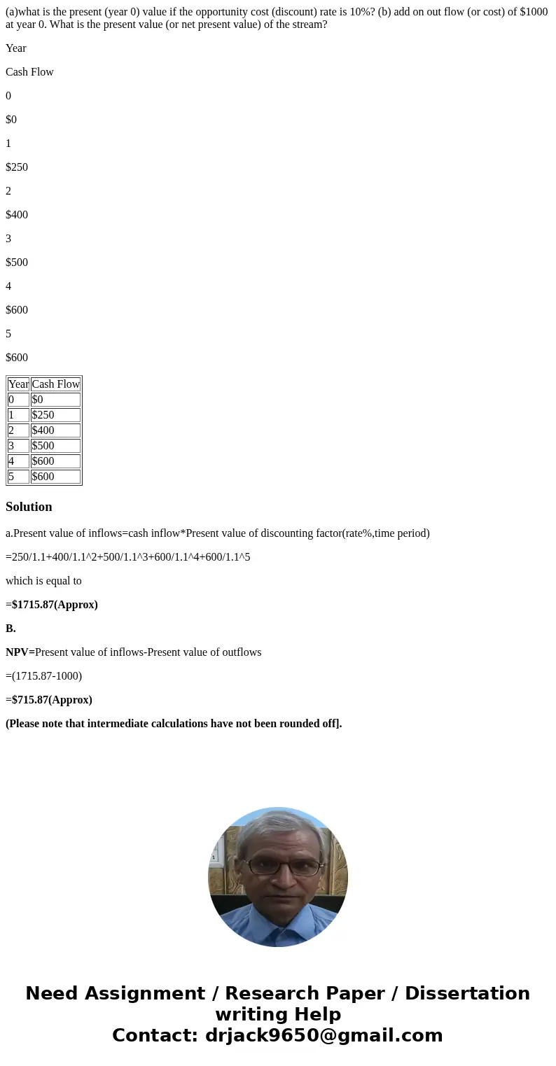(a)what is the present (year 0) value if the opportunity cost (discount) rate is 10%? (b) add on out flow (or cost) of $1000 at year 0. What is the present valu (a)what is the present (year 0) value if the opportunity cost (discount) rate is 10%? (b) add on out flow (or cost) of $1000 at year 0. What is the present valu