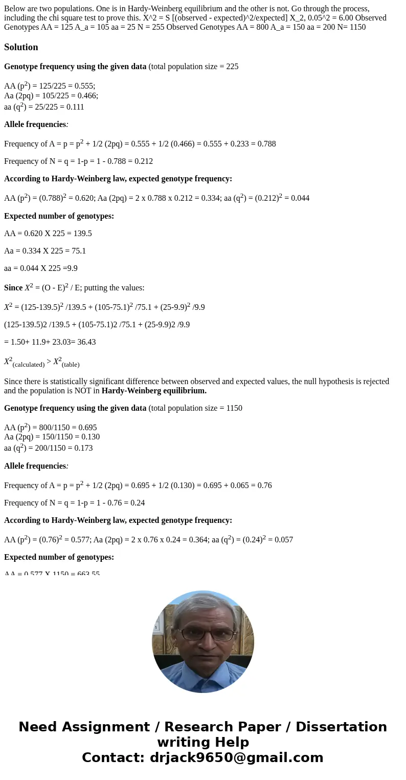 Below are two populations. One is in Hardy-Weinberg equilibrium and the other is not. Go through the process, including the chi square test to prove this. X^2   Below are two populations. One is in Hardy-Weinberg equilibrium and the other is not. Go through the process, including the chi square test to prove this. X^2