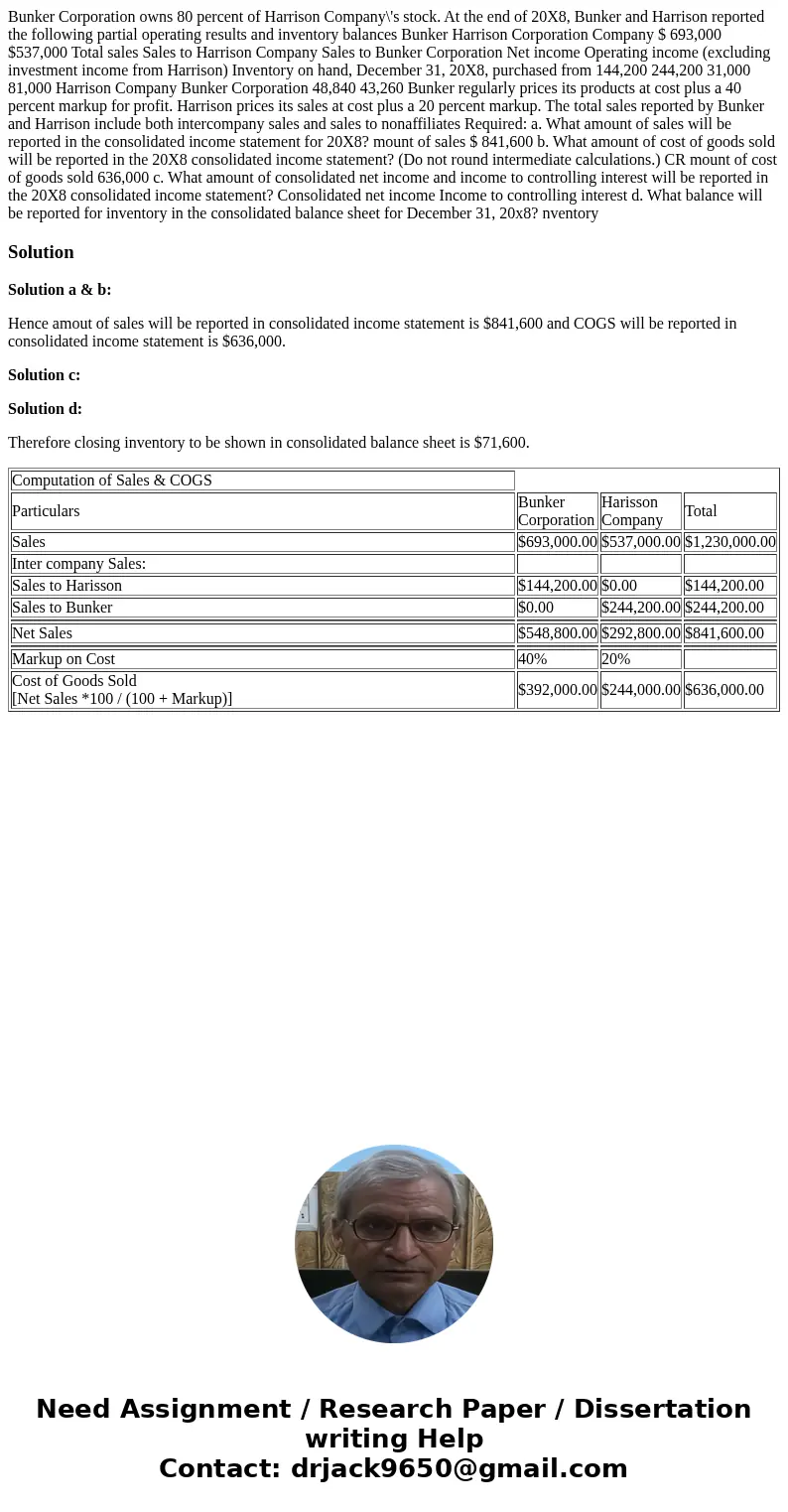  Bunker Corporation owns 80 percent of Harrison Company\'s stock. At the end of 20X8, Bunker and Harrison reported the following partial operating results and i