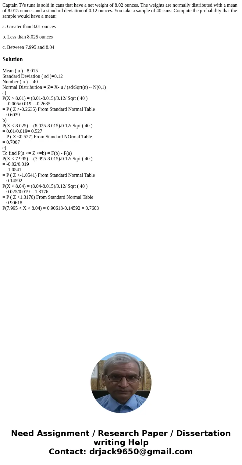 Captain T\'s tuna is sold in cans that have a net weight of 8.02 ounces. The weights are normally distributed with a mean of 8.015 ounces and a standard deviati Captain T\'s tuna is sold in cans that have a net weight of 8.02 ounces. The weights are normally distributed with a mean of 8.015 ounces and a standard deviati