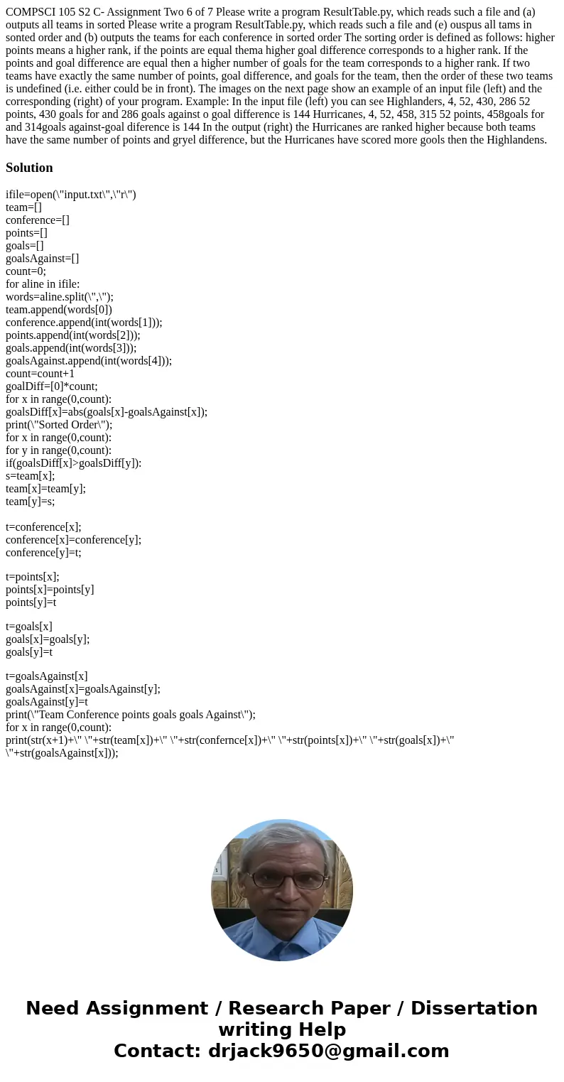  COMPSCI 105 S2 C- Assignment Two 6 of 7 Please write a program ResultTable.py, which reads such a file and (a) outputs all teams in sorted Please write a progr