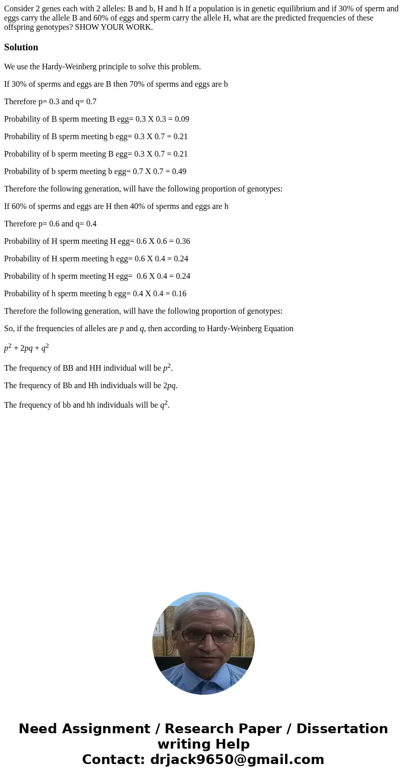 Consider 2 genes each with 2 alleles: B and b, H and h If a population is in genetic equilibrium and if 30% of sperm and eggs carry the allele B and 60% of egg  Consider 2 genes each with 2 alleles: B and b, H and h If a population is in genetic equilibrium and if 30% of sperm and eggs carry the allele B and 60% of egg