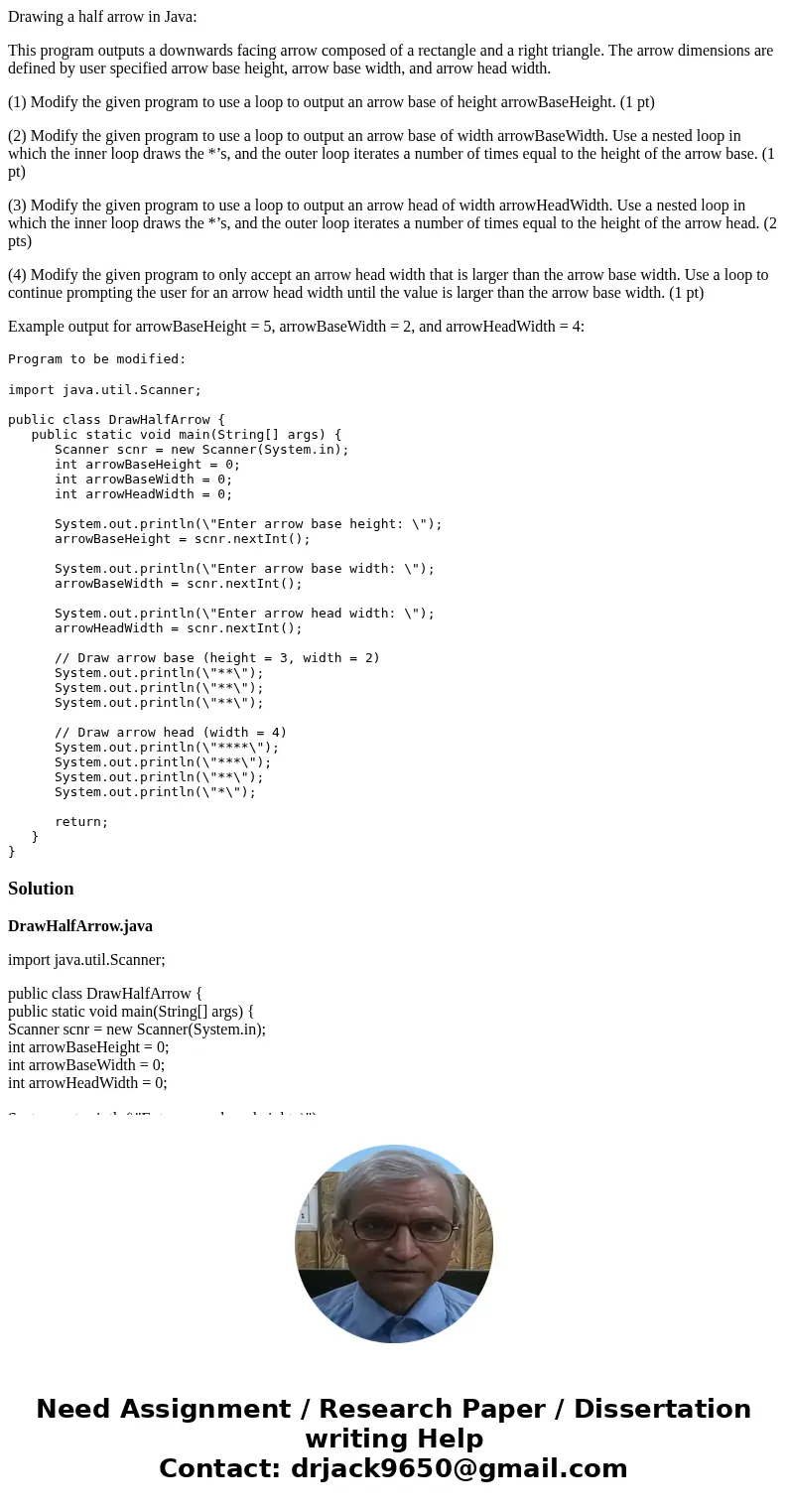 Drawing a half arrow in Java: This program outputs a downwards facing arrow composed of a rectangle and a right triangle. The arrow dimensions are defined by us