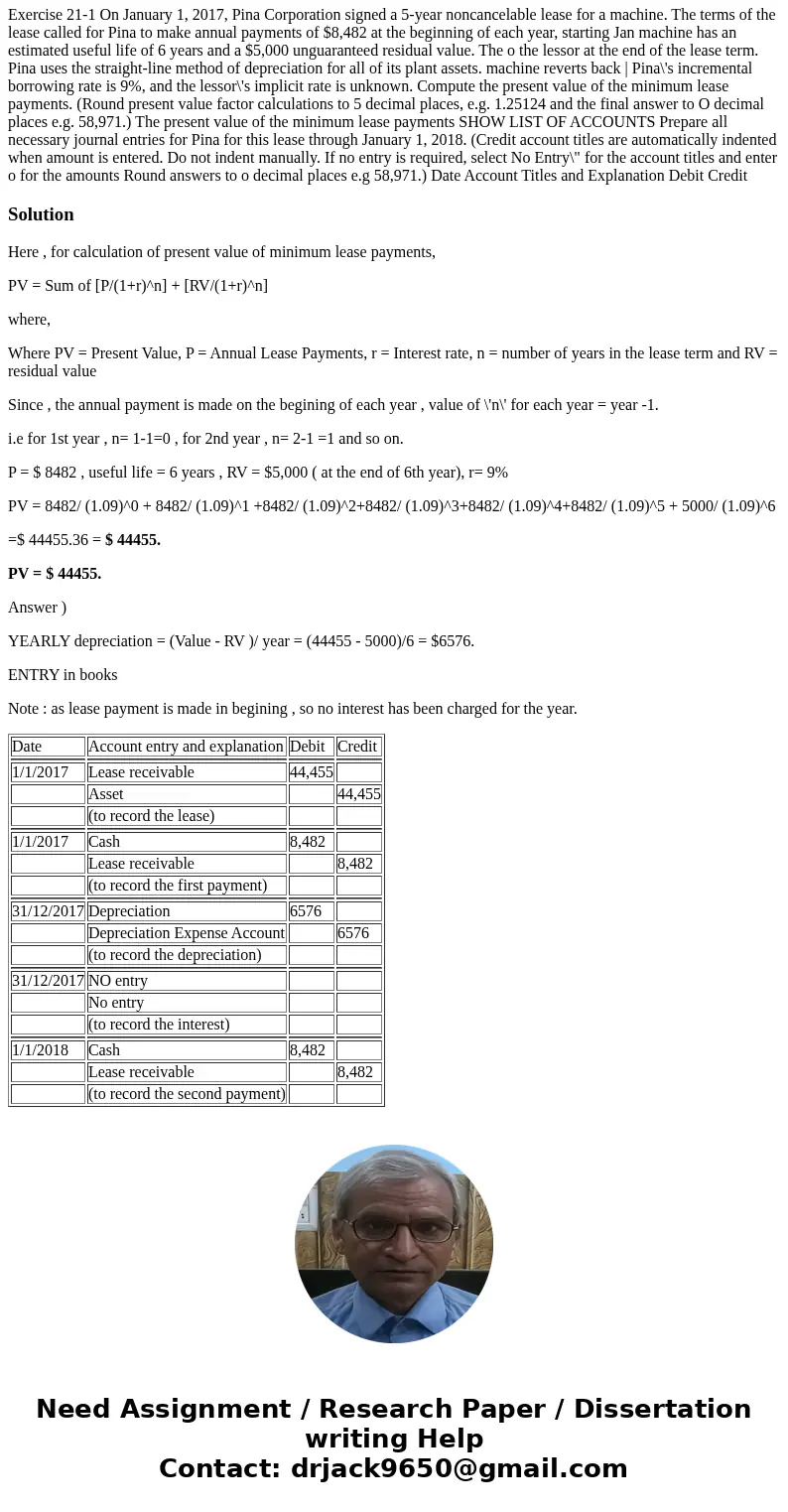Exercise 21-1 On January 1, 2017, Pina Corporation signed a 5-year noncancelable lease for a machine. The terms of the lease called for Pina to make annual pay  Exercise 21-1 On January 1, 2017, Pina Corporation signed a 5-year noncancelable lease for a machine. The terms of the lease called for Pina to make annual pay