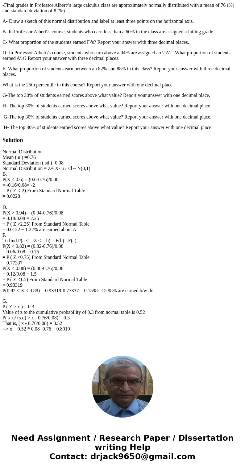 -Final grades in Professor Albert\'s large calculus class are approximately normally distributed with a mean of 76 (%) and standard deviation of 8 (%). A- Draw  -Final grades in Professor Albert\'s large calculus class are approximately normally distributed with a mean of 76 (%) and standard deviation of 8 (%). A- Draw