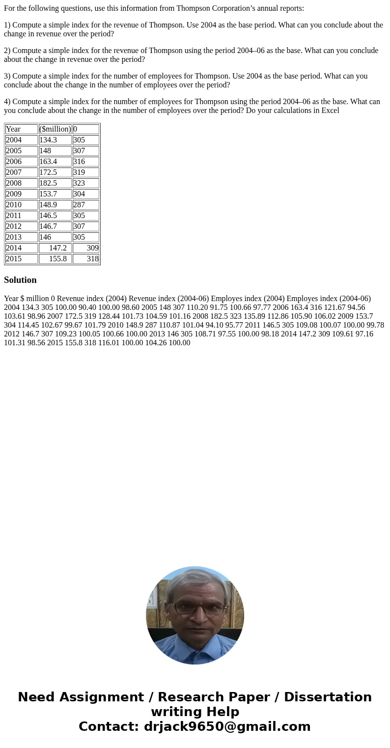 For the following questions, use this information from Thompson Corporation’s annual reports: 1) Compute a simple index for the revenue of Thompson. Use 2004 as For the following questions, use this information from Thompson Corporation’s annual reports: 1) Compute a simple index for the revenue of Thompson. Use 2004 as