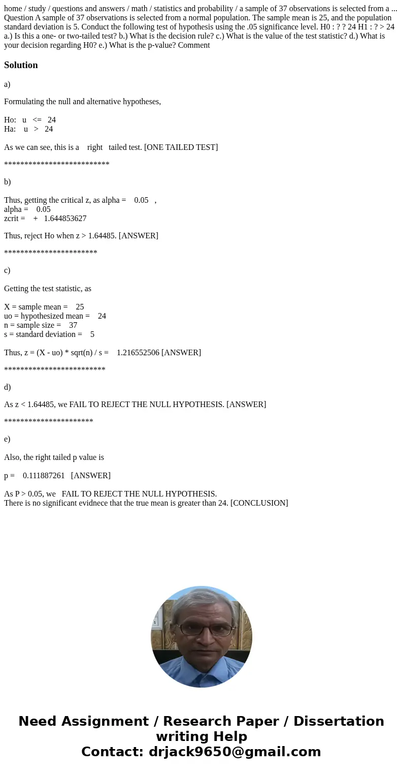 home / study / questions and answers / math / statistics and probability / a sample of 37 observations is selected from a ... Question A sample of 37 observatio home / study / questions and answers / math / statistics and probability / a sample of 37 observations is selected from a ... Question A sample of 37 observatio