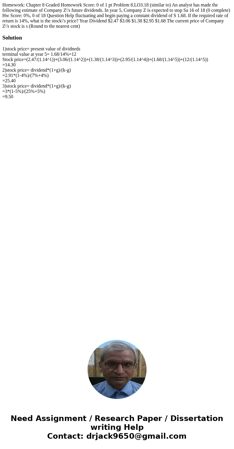 Homework: Chapter 8 Graded Homework Score: 0 of 1 pt Problem 8.LO3.18 (similar to) An analyst has made the following estimate of Company Z\'s future dividends.  Homework: Chapter 8 Graded Homework Score: 0 of 1 pt Problem 8.LO3.18 (similar to) An analyst has made the following estimate of Company Z\'s future dividends.
