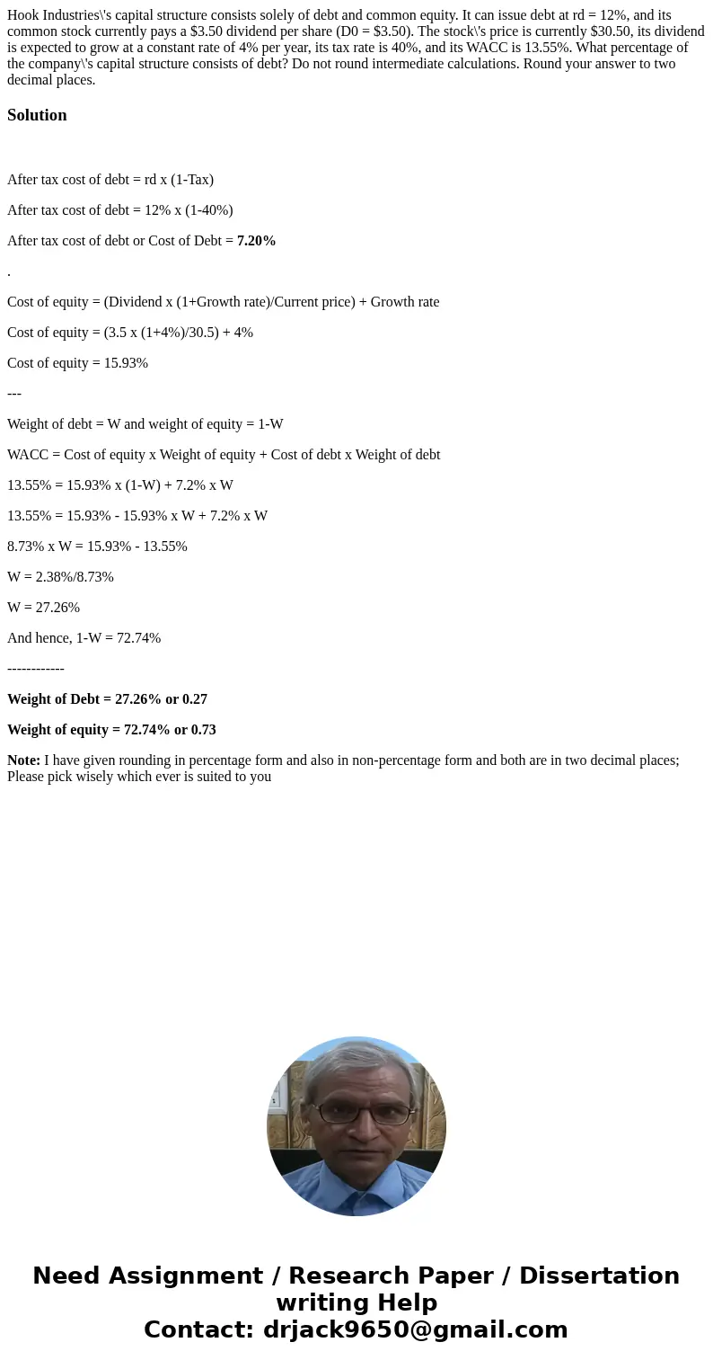 Hook Industries\'s capital structure consists solely of debt and common equity. It can issue debt at rd = 12%, and its common stock currently pays a $3.50 divid Hook Industries\'s capital structure consists solely of debt and common equity. It can issue debt at rd = 12%, and its common stock currently pays a $3.50 divid