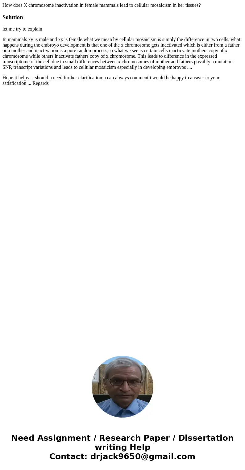 How does X chromosome inactivation in female mammals lead to cellular mosaicism in her tissues?Solutionlet me try to explain In mammals xy is male and xx is fe  How does X chromosome inactivation in female mammals lead to cellular mosaicism in her tissues?Solutionlet me try to explain In mammals xy is male and xx is fe