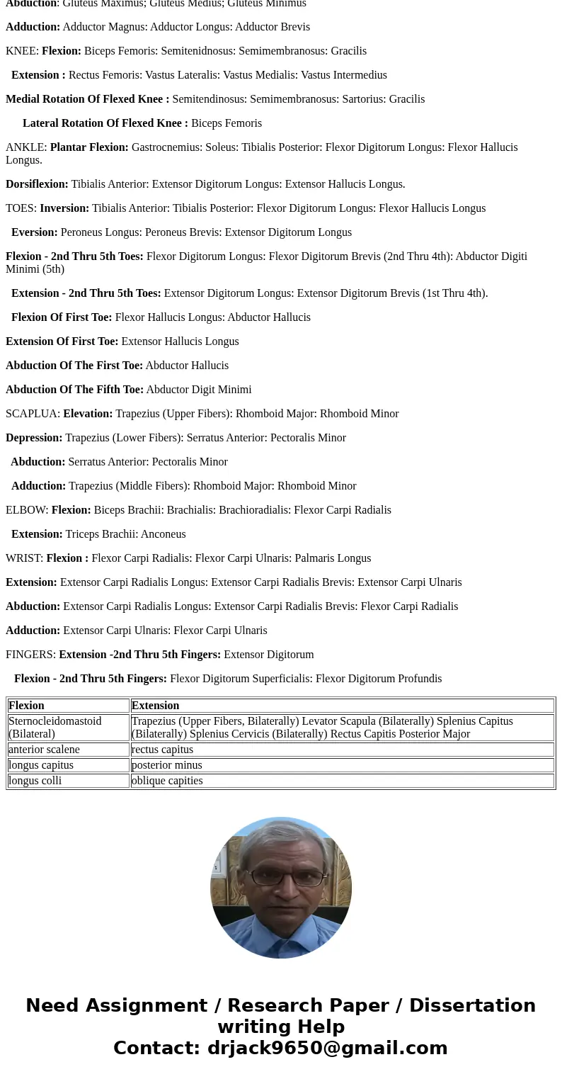 Identify both the synergist adn antagonist muscles that work at the following joints a. neck and spine b. hip c. knee d. ankle e. toes f. scapula g. shoulder h. Identify both the synergist adn antagonist muscles that work at the following joints a. neck and spine b. hip c. knee d. ankle e. toes f. scapula g. shoulder h.