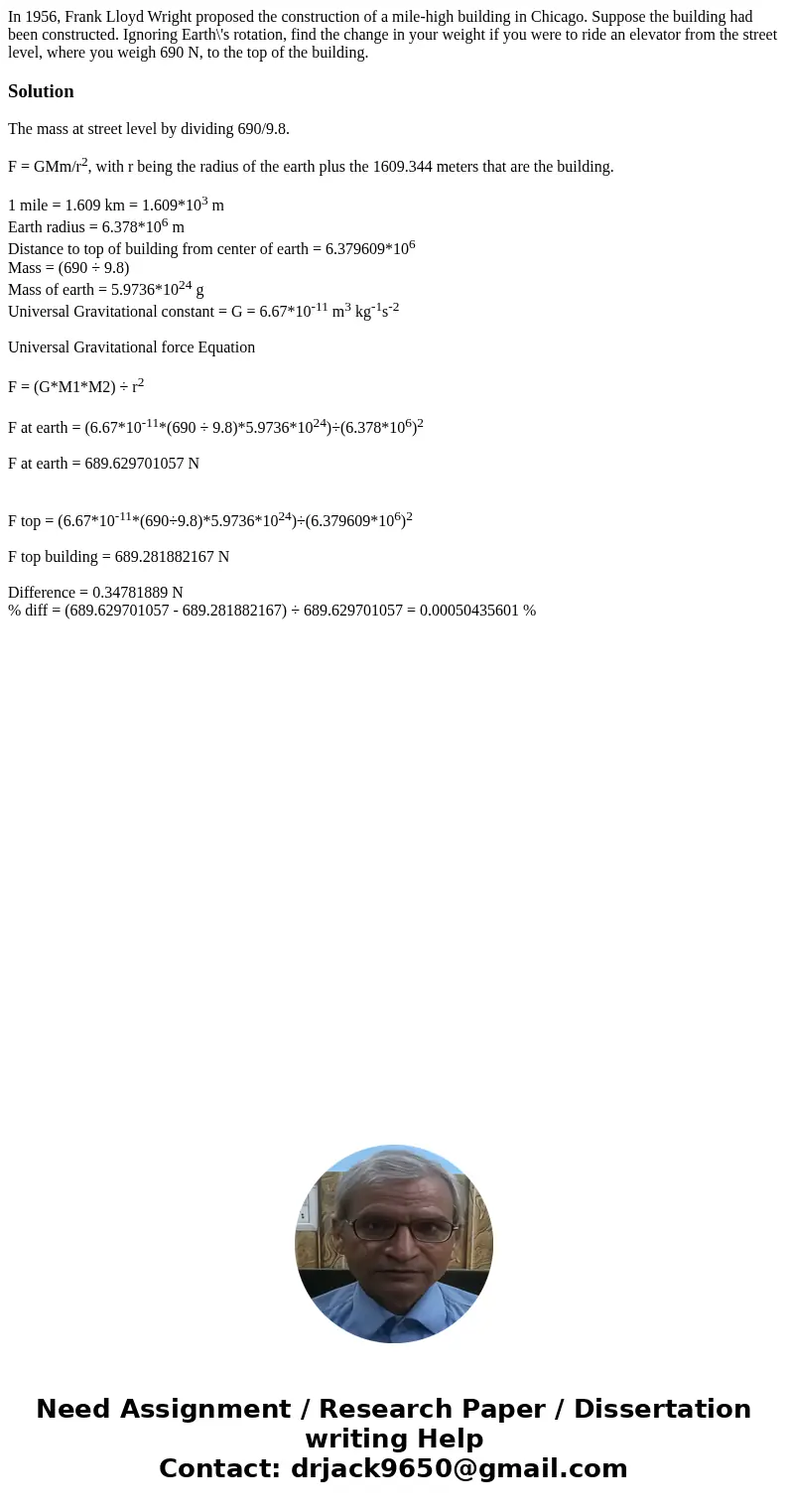 In 1956, Frank Lloyd Wright proposed the construction of a mile-high building in Chicago. Suppose the building had been constructed. Ignoring Earth\'s rotation, In 1956, Frank Lloyd Wright proposed the construction of a mile-high building in Chicago. Suppose the building had been constructed. Ignoring Earth\'s rotation,