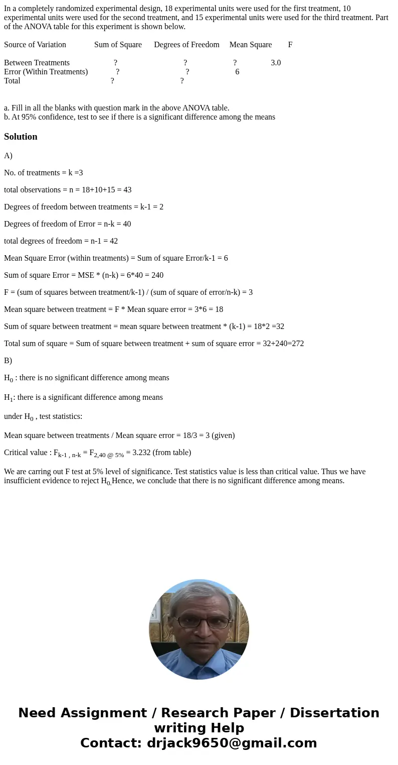 In a completely randomized experimental design, 18 experimental units were used for the first treatment, 10 experimental units were used for the second treatmen In a completely randomized experimental design, 18 experimental units were used for the first treatment, 10 experimental units were used for the second treatmen