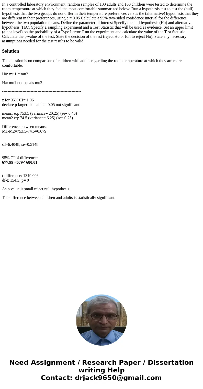 In a controlled laboratory environment, random samples of 100 adults and 100 children were tested to determine the room temperature at which they feel the most  In a controlled laboratory environment, random samples of 100 adults and 100 children were tested to determine the room temperature at which they feel the most
