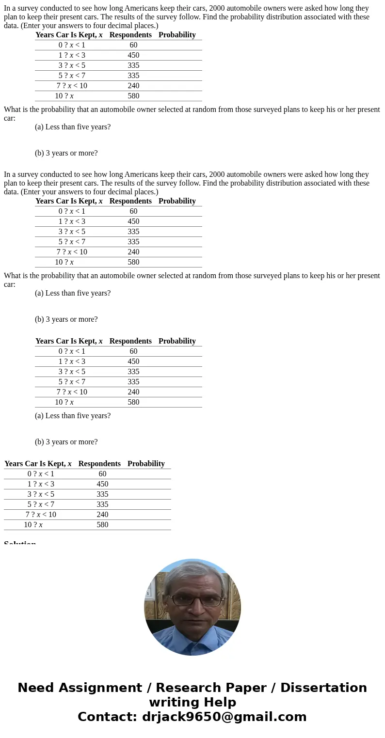 In a survey conducted to see how long Americans keep their cars, 2000 automobile owners were asked how long they plan to keep their present cars. The results o  In a survey conducted to see how long Americans keep their cars, 2000 automobile owners were asked how long they plan to keep their present cars. The results o