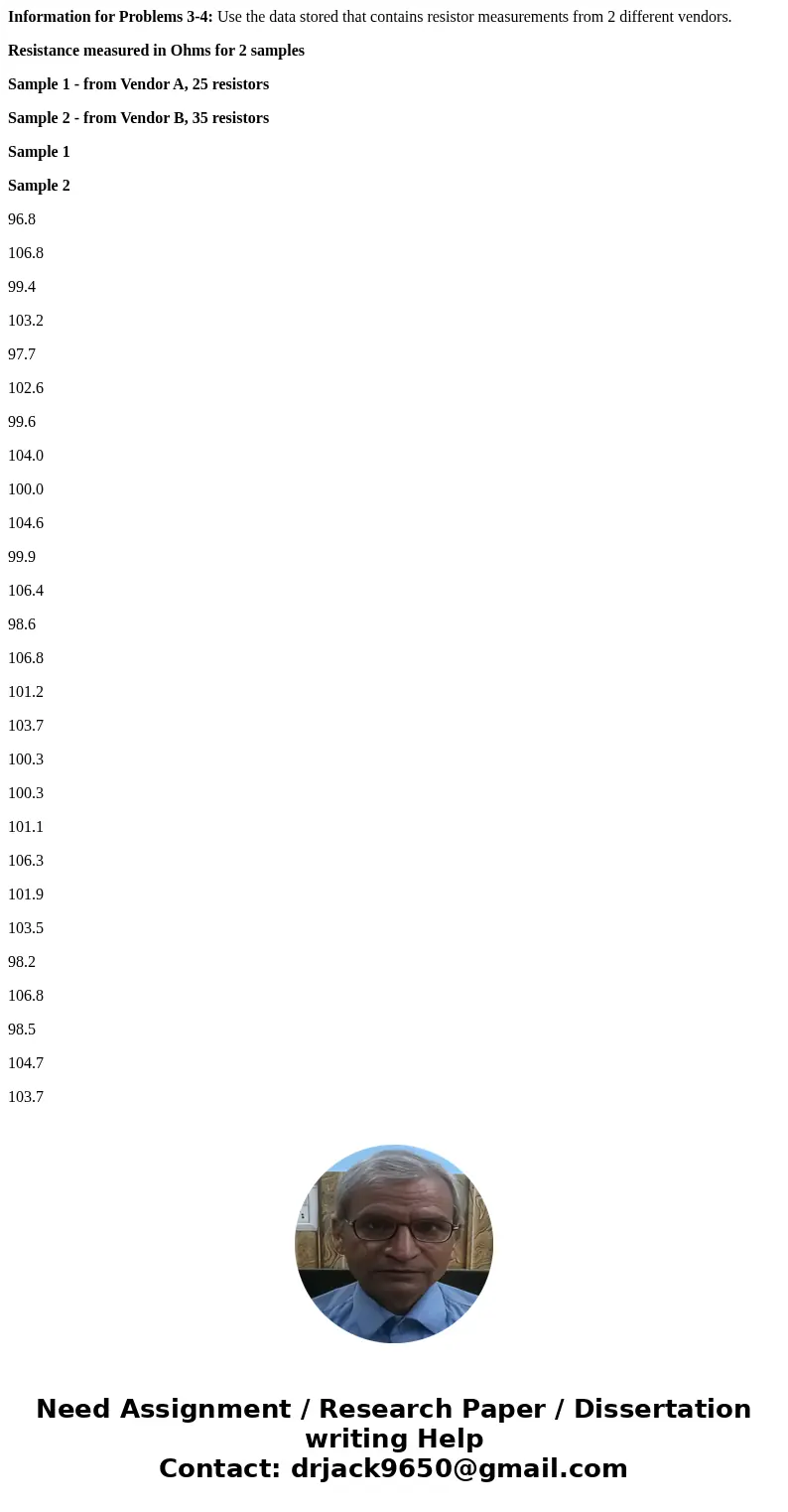 Information for Problems 3-4: Use the data stored that contains resistor measurements from 2 different vendors. Resistance measured in Ohms for 2 samples Sample