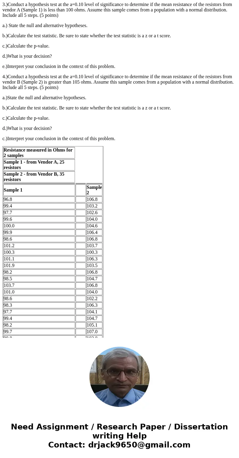 Information for Problems 3-4: Use the data stored that contains resistor measurements from 2 different vendors. Resistance measured in Ohms for 2 samples Sample