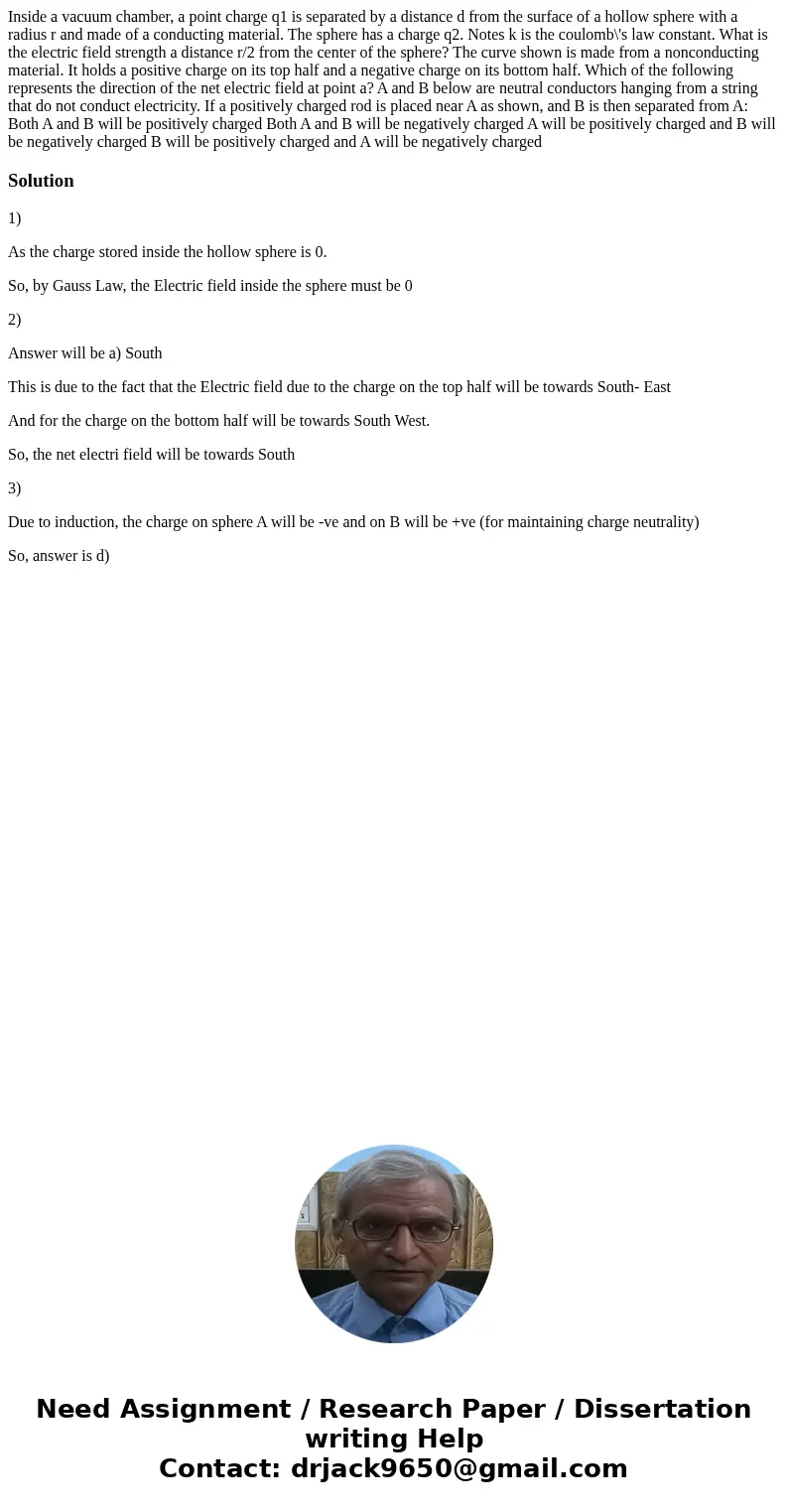 Inside a vacuum chamber, a point charge q1 is separated by a distance d from the surface of a hollow sphere with a radius r and made of a conducting material.   Inside a vacuum chamber, a point charge q1 is separated by a distance d from the surface of a hollow sphere with a radius r and made of a conducting material.