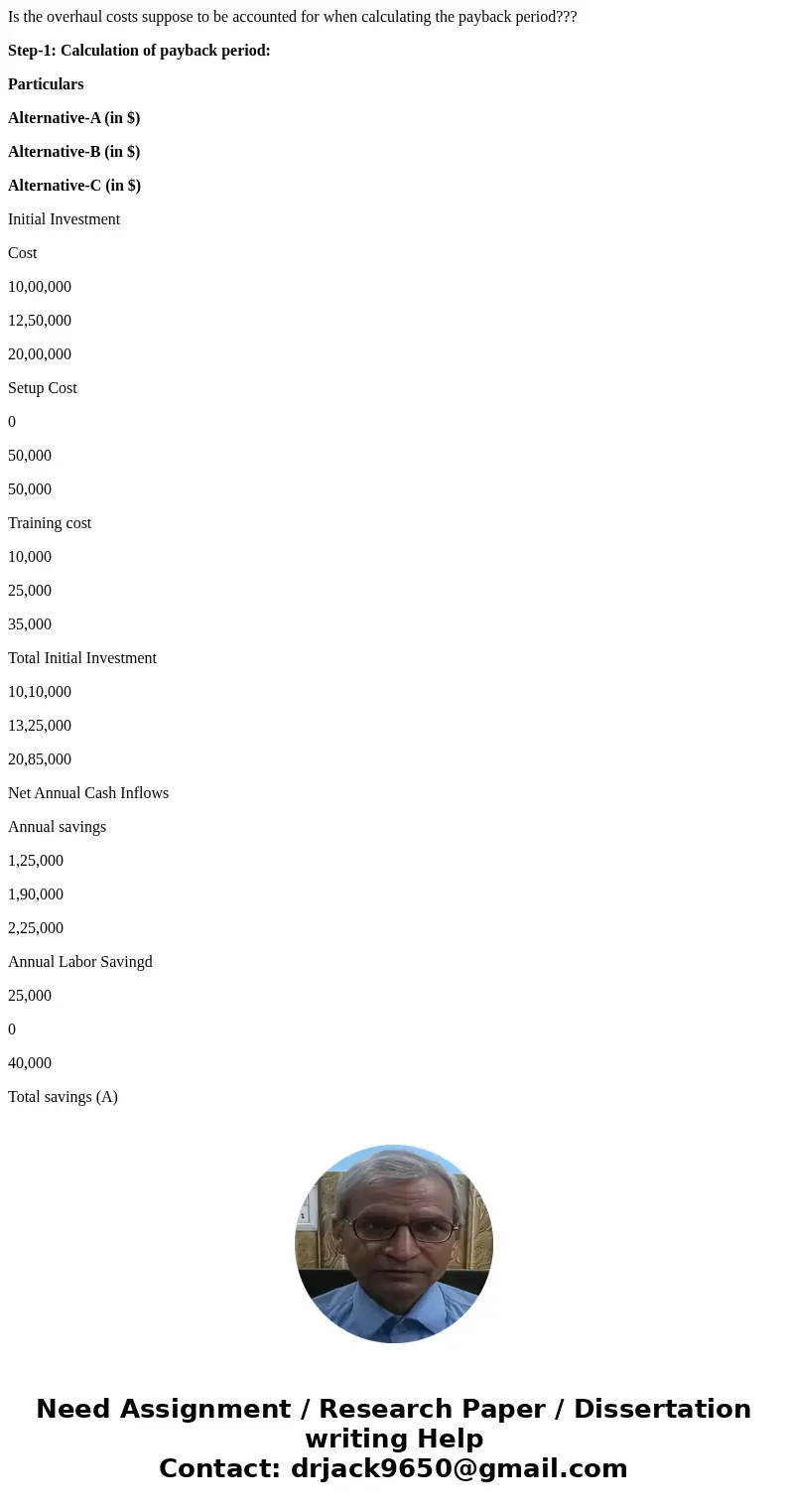 Is the overhaul costs suppose to be accounted for when calculating the payback period??? Step-1: Calculation of payback period: Particulars Alternative-A (in $) Is the overhaul costs suppose to be accounted for when calculating the payback period??? Step-1: Calculation of payback period: Particulars Alternative-A (in $)