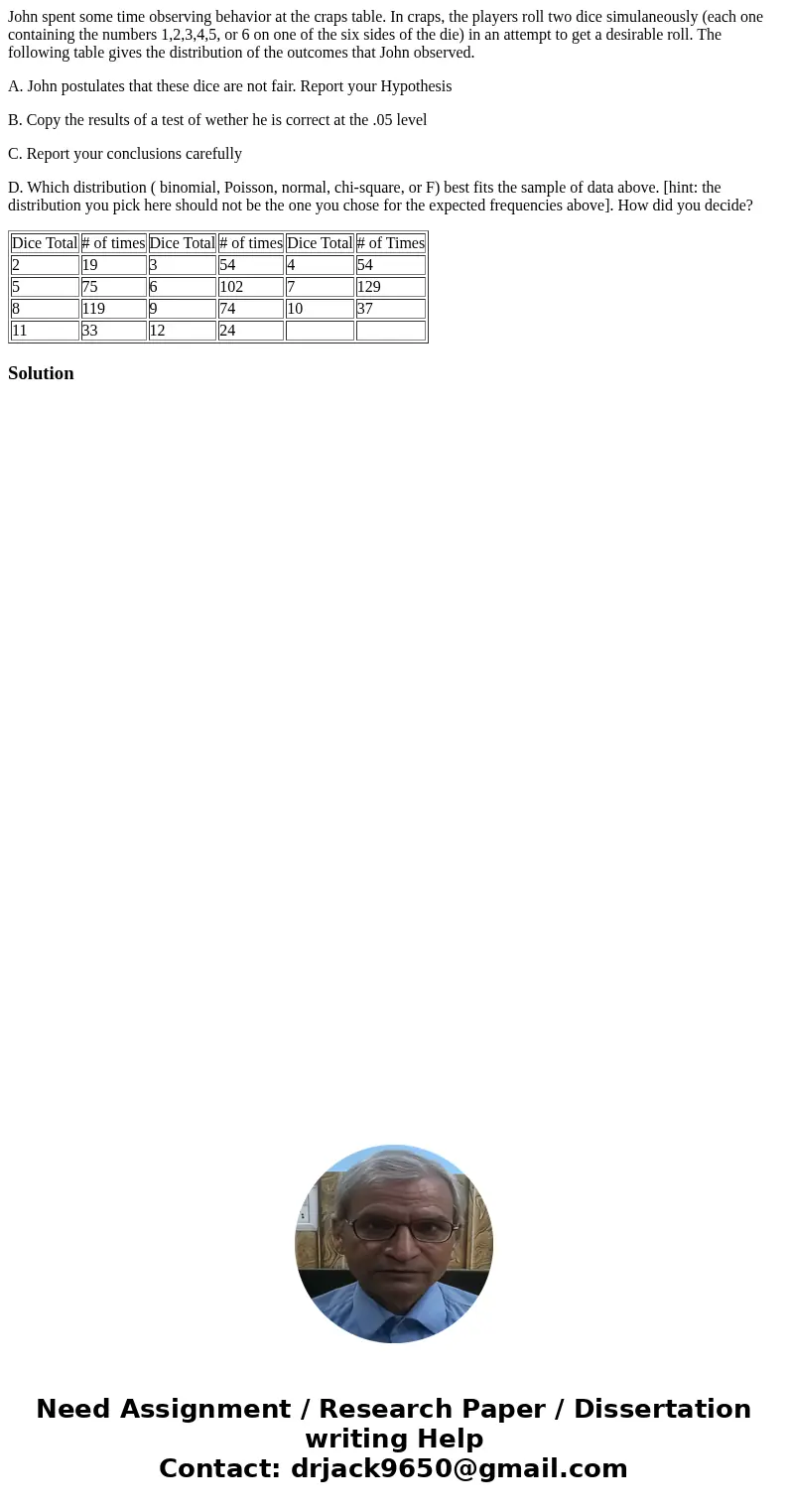 John spent some time observing behavior at the craps table. In craps, the players roll two dice simulaneously (each one containing the numbers 1,2,3,4,5, or 6 o John spent some time observing behavior at the craps table. In craps, the players roll two dice simulaneously (each one containing the numbers 1,2,3,4,5, or 6 o