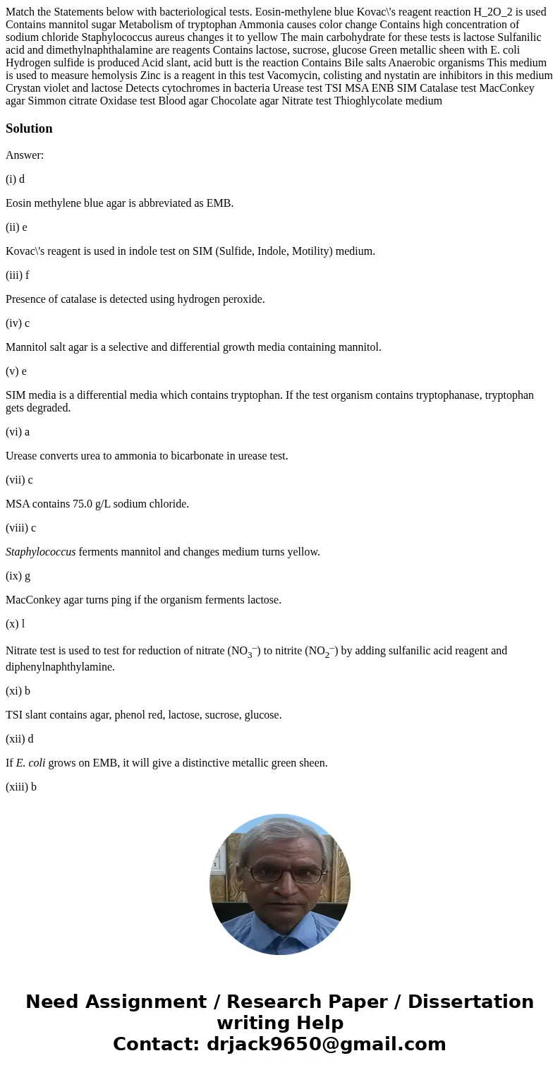 Match the Statements below with bacteriological tests. Eosin-methylene blue Kovac\'s reagent reaction H_2O_2 is used Contains mannitol sugar Metabolism of tryp  Match the Statements below with bacteriological tests. Eosin-methylene blue Kovac\'s reagent reaction H_2O_2 is used Contains mannitol sugar Metabolism of tryp