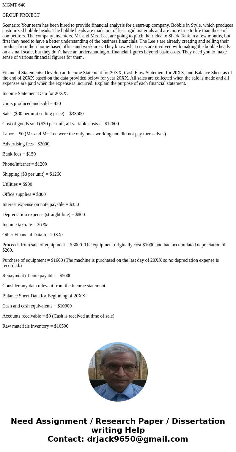 MGMT 640 GROUP PROJECT Scenario: Your team has been hired to provide financial analysis for a start-up company, Bobble in Style, which produces customized bobbl MGMT 640 GROUP PROJECT Scenario: Your team has been hired to provide financial analysis for a start-up company, Bobble in Style, which produces customized bobbl