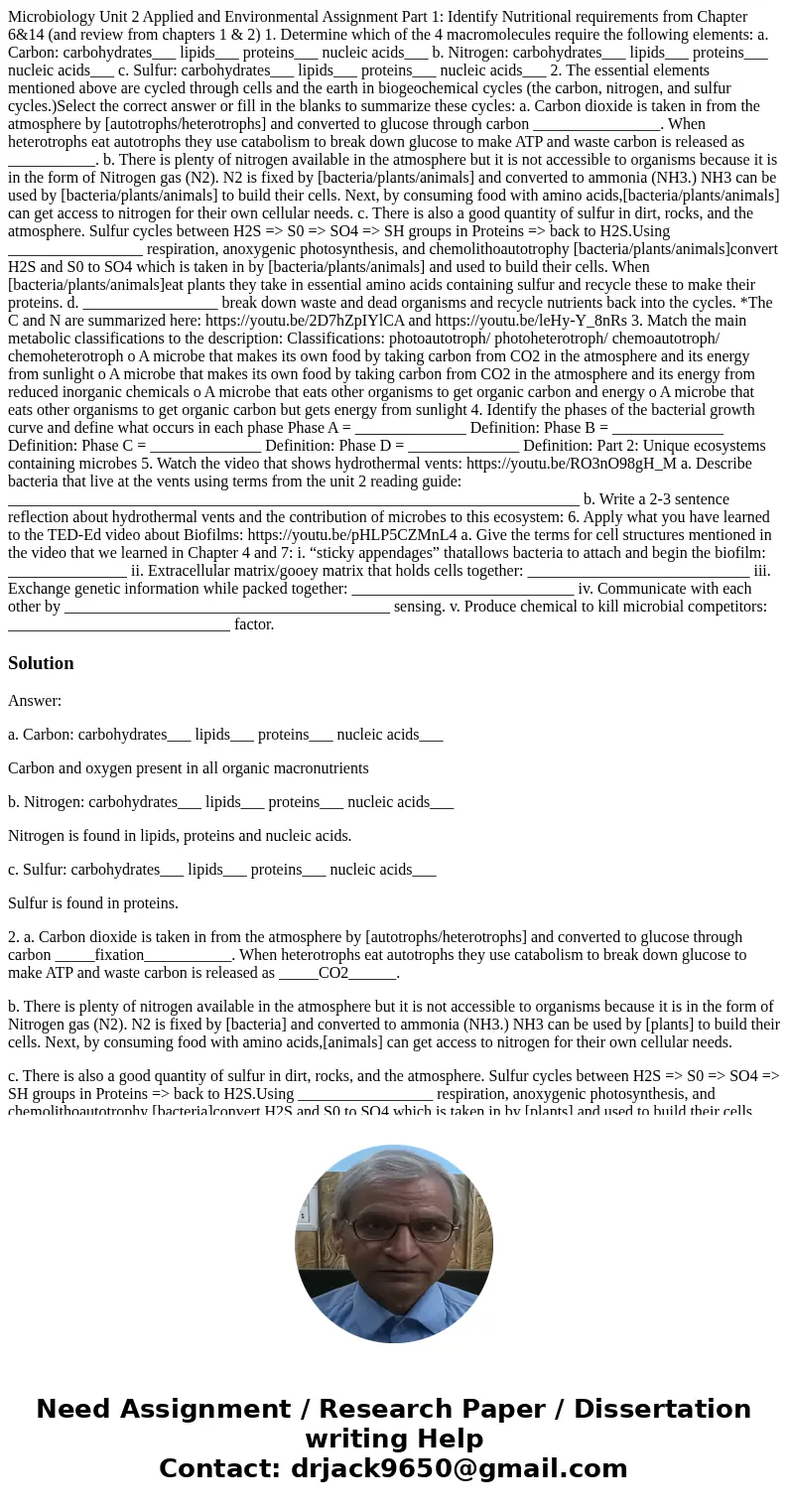 Microbiology Unit 2 Applied and Environmental Assignment Part 1: Identify Nutritional requirements from Chapter 6&14 (and review from chapters 1 & 2) 1. Microbiology Unit 2 Applied and Environmental Assignment Part 1: Identify Nutritional requirements from Chapter 6&14 (and review from chapters 1 & 2) 1.