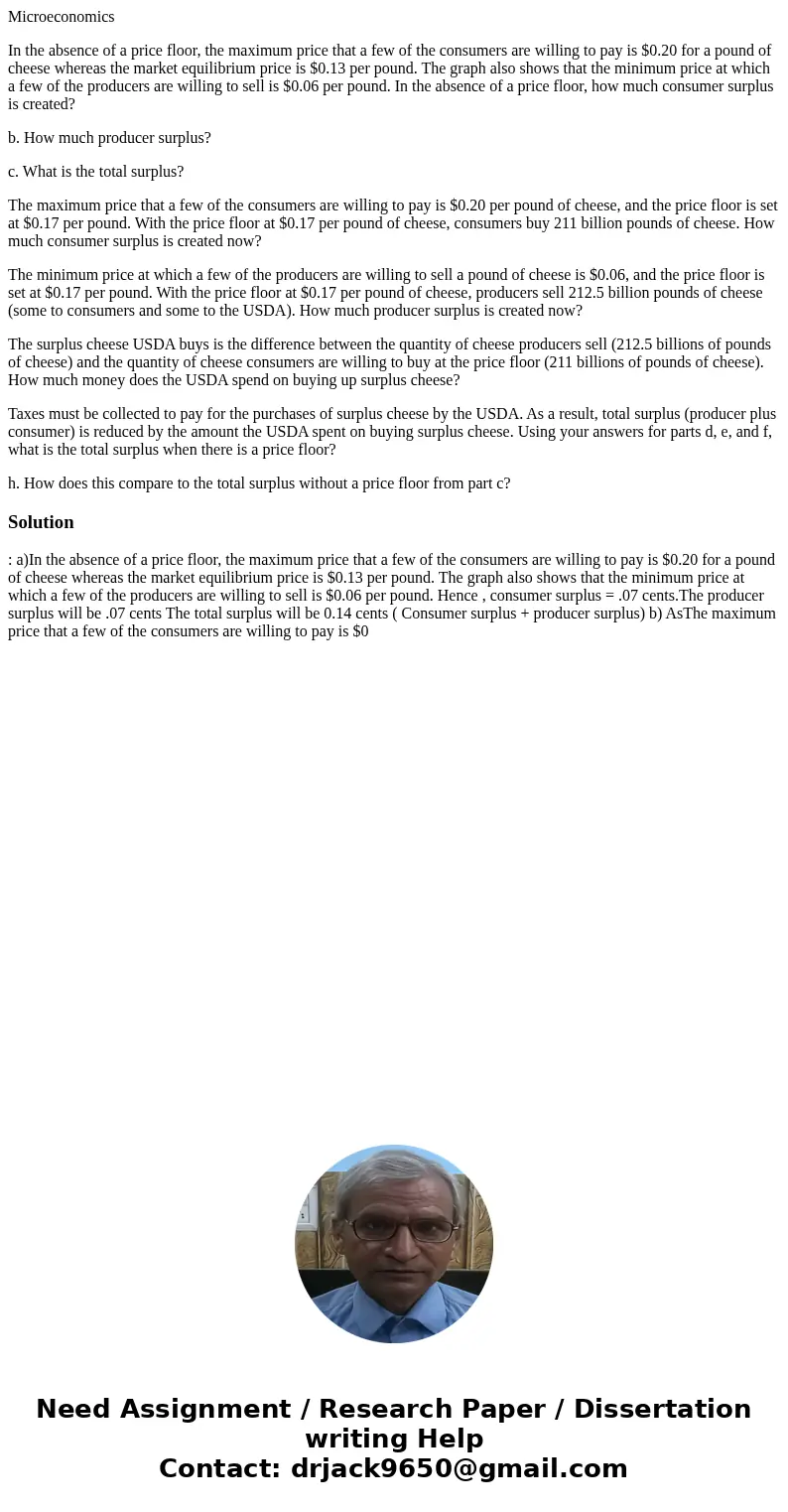 Microeconomics In the absence of a price floor, the maximum price that a few of the consumers are willing to pay is $0.20 for a pound of cheese whereas the mark Microeconomics In the absence of a price floor, the maximum price that a few of the consumers are willing to pay is $0.20 for a pound of cheese whereas the mark
