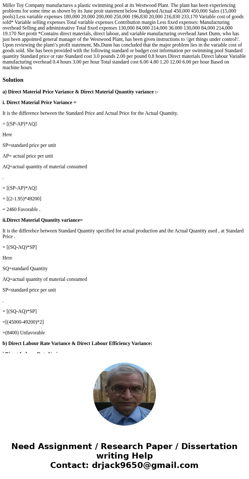  Miller Toy Company manufactures a plastic swimming pool at its Westwood Plant. The plant has been experiencing problems for some time as shown by its June proi