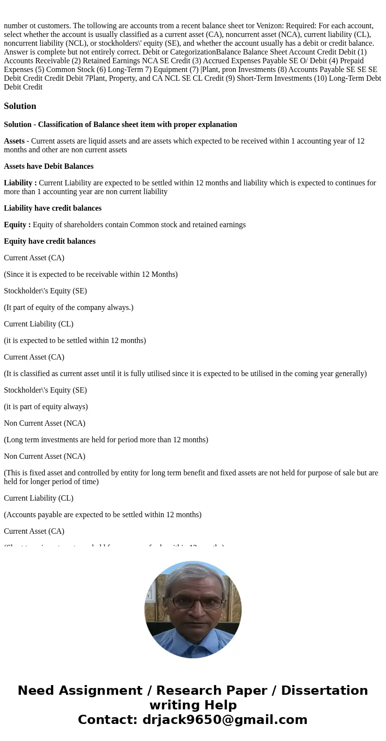 number ot customers. The tollowing are accounts trom a recent balance sheet tor Venizon: Required: For each account, select whether the account is usually clas  number ot customers. The tollowing are accounts trom a recent balance sheet tor Venizon: Required: For each account, select whether the account is usually clas