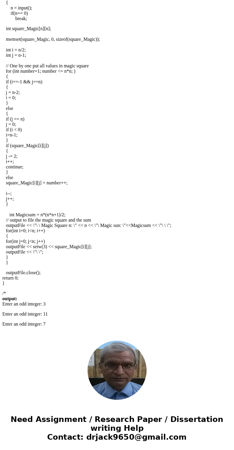 Objective: Implement a nonItrivial algorithm in C++. Problem: A Magic Square of order N consists of N2 squares, each of which contains a number from 1 through N