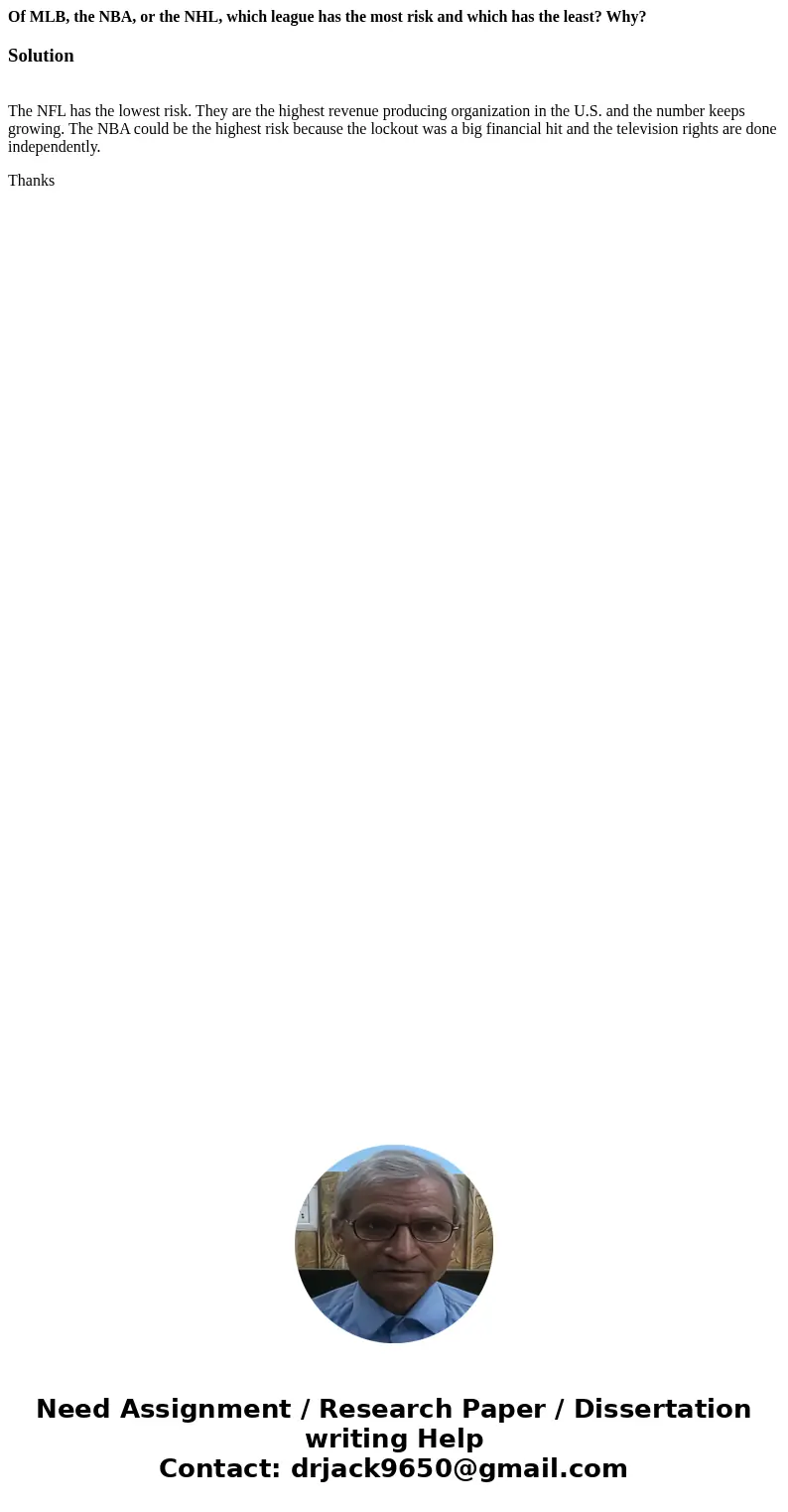 Of MLB, the NBA, or the NHL, which league has the most risk and which has the least? Why? Solution The NFL has the lowest risk. They are the highest revenue pro