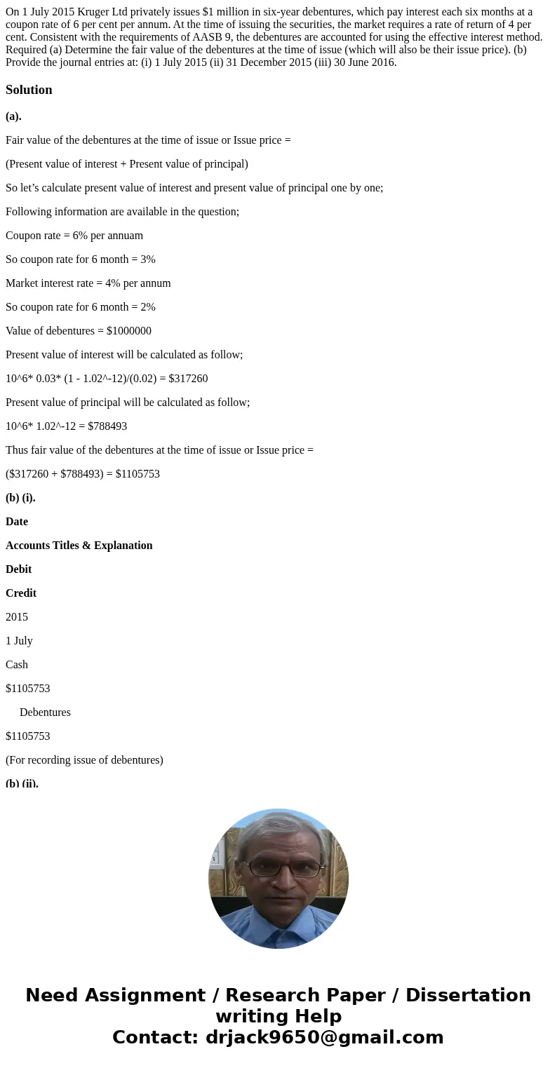 On 1 July 2015 Kruger Ltd privately issues $1 million in six-year debentures, which pay interest each six months at a coupon rate of 6 per cent per annum. At th On 1 July 2015 Kruger Ltd privately issues $1 million in six-year debentures, which pay interest each six months at a coupon rate of 6 per cent per annum. At th