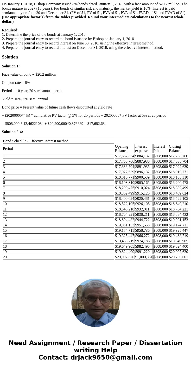 On January 1, 2018, Bishop Company issued 8% bonds dated January 1, 2018, with a face amount of $20.2 million. The bonds mature in 2027 (10 years). For bonds of