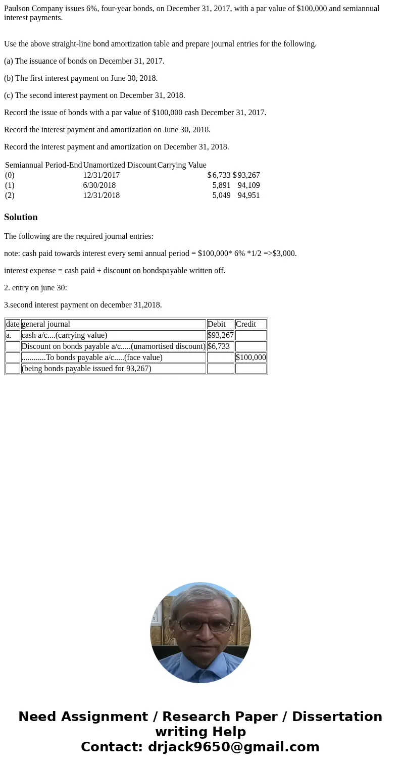 Paulson Company issues 6%, four-year bonds, on December 31, 2017, with a par value of $100,000 and semiannual interest payments. Use the above straight-line bon