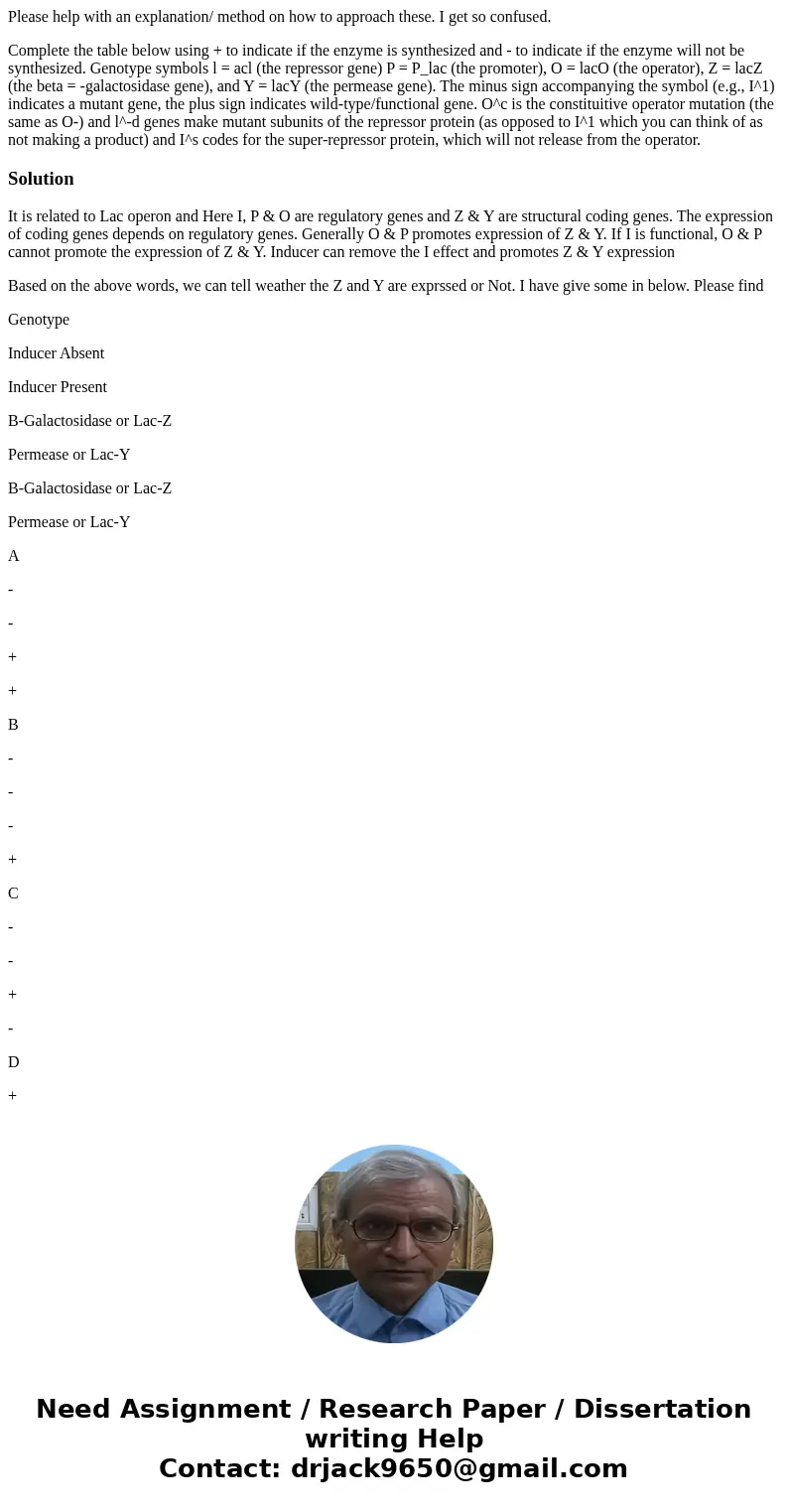 Please help with an explanation/ method on how to approach these. I get so confused. Complete the table below using + to indicate if the enzyme is synthesized a