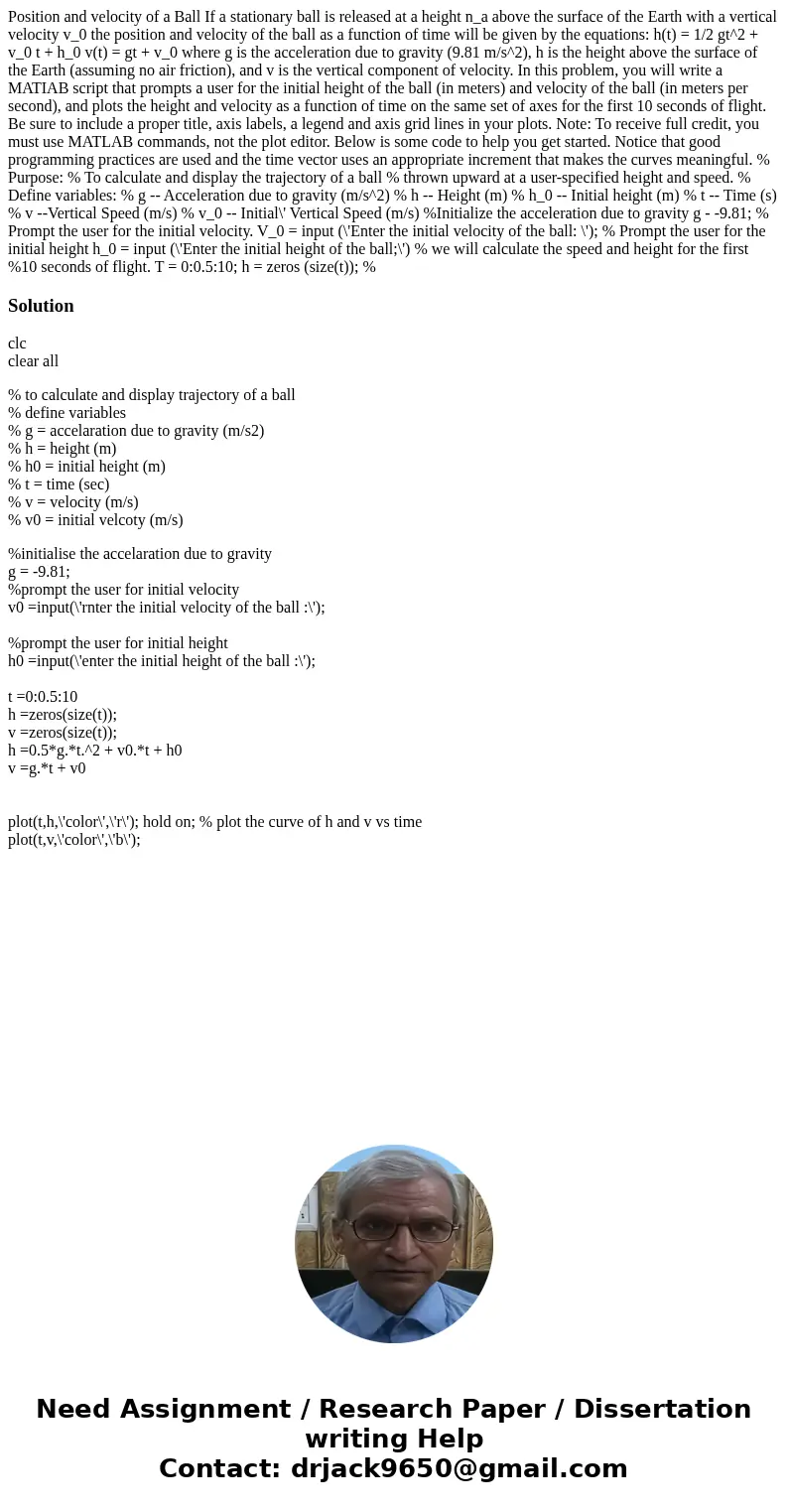 Position and velocity of a Ball If a stationary ball is released at a height n_a above the surface of the Earth with a vertical velocity v_0 the position and v  Position and velocity of a Ball If a stationary ball is released at a height n_a above the surface of the Earth with a vertical velocity v_0 the position and v