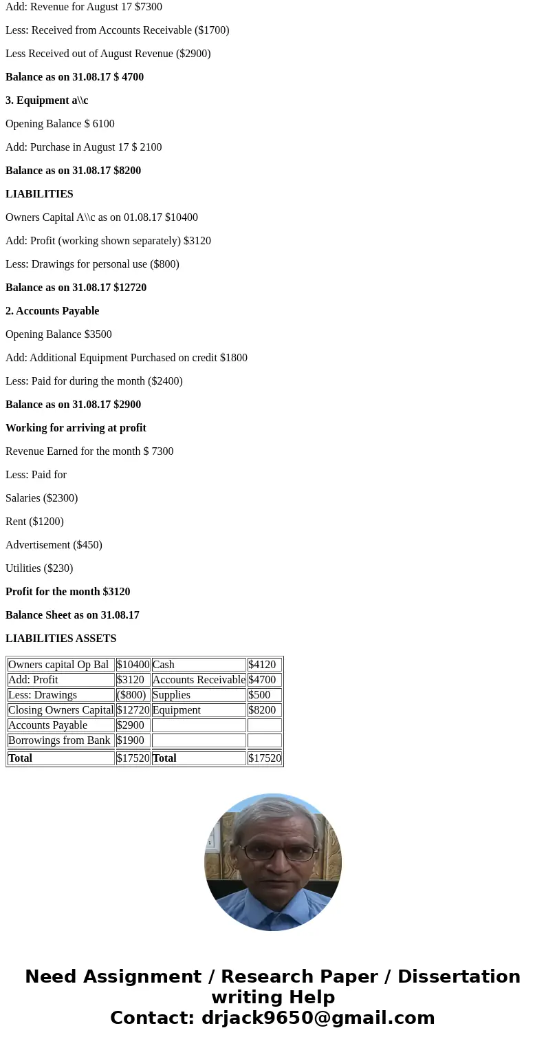 Prepare a tabular analysis of the August transactions beginning with July 31 balances. (If a transaction results in a decrease in Assets, Liabilities or Owner\'