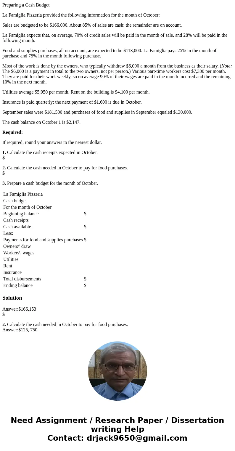 Preparing a Cash Budget La Famiglia Pizzeria provided the following information for the month of October: Sales are budgeted to be $166,000. About 85% of sales 