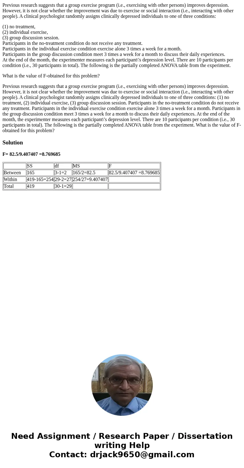 Previous research suggests that a group exercise program (i.e., exercising with other persons) improves depression. However, it is not clear whether the improve Previous research suggests that a group exercise program (i.e., exercising with other persons) improves depression. However, it is not clear whether the improve
