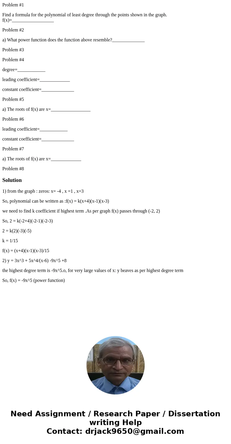 Problem #1 Find a formula for the polynomial of least degree through the points shown in the graph. f(x)=__________________ Problem #2 a) What power function do