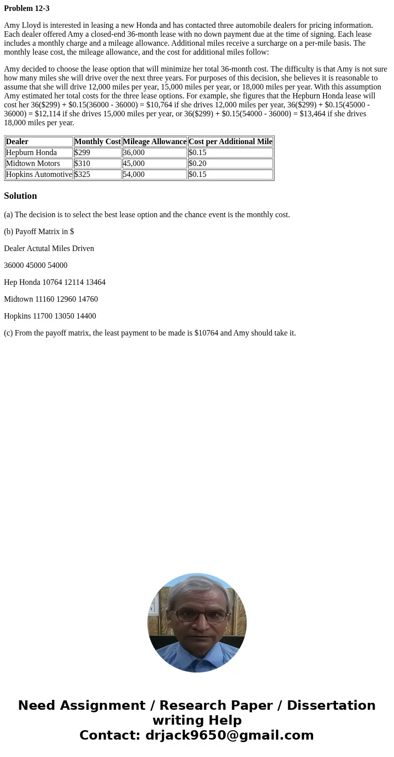 Problem 12-3 Amy Lloyd is interested in leasing a new Honda and has contacted three automobile dealers for pricing information. Each dealer offered Amy a closed Problem 12-3 Amy Lloyd is interested in leasing a new Honda and has contacted three automobile dealers for pricing information. Each dealer offered Amy a closed