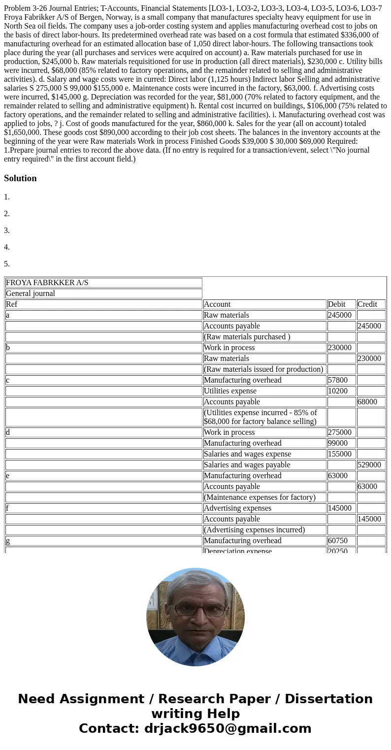  Problem 3-26 Journal Entries; T-Accounts, Financial Statements [LO3-1, LO3-2, LO3-3, LO3-4, LO3-5, LO3-6, LO3-7 Froya Fabrikker A/S of Bergen, Norway, is a sma