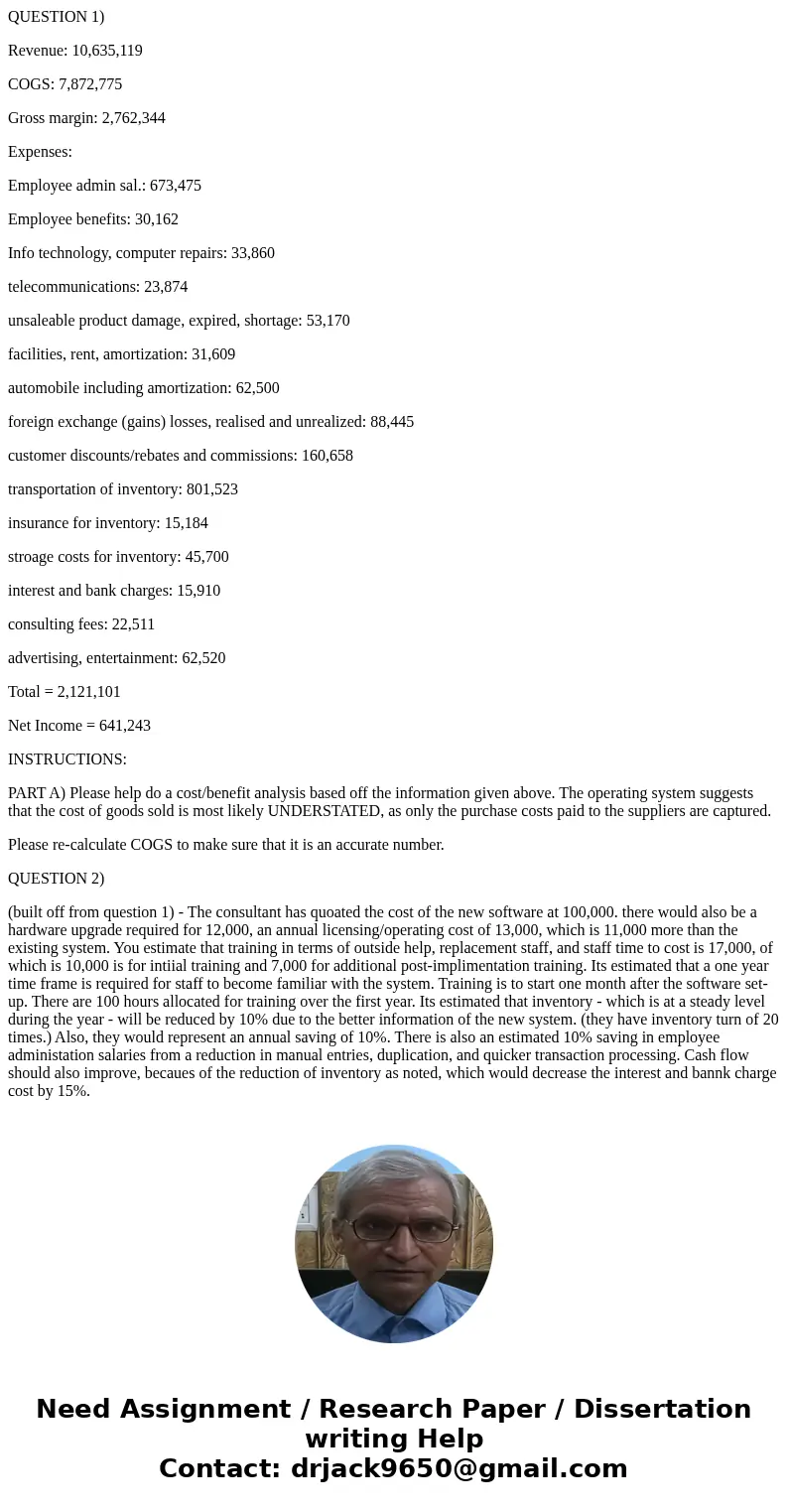 QUESTION 1) Revenue: 10,635,119 COGS: 7,872,775 Gross margin: 2,762,344 Expenses: Employee admin sal.: 673,475 Employee benefits: 30,162 Info technology, comput QUESTION 1) Revenue: 10,635,119 COGS: 7,872,775 Gross margin: 2,762,344 Expenses: Employee admin sal.: 673,475 Employee benefits: 30,162 Info technology, comput