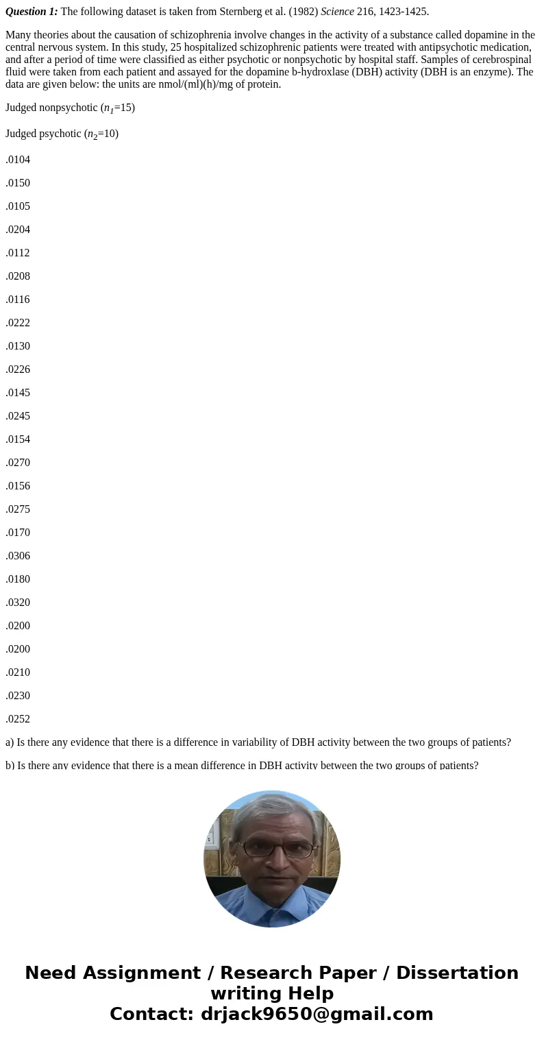 Question 1: The following dataset is taken from Sternberg et al. (1982) Science 216, 1423-1425. Many theories about the causation of schizophrenia involve chang Question 1: The following dataset is taken from Sternberg et al. (1982) Science 216, 1423-1425. Many theories about the causation of schizophrenia involve chang