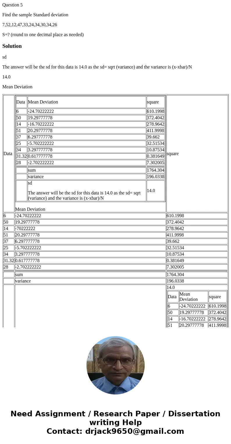 Question 5 Find the sample Standard deviation 7,52,12,47,33,24,34,30,34,26 S=? (round to one decimal place as needed)Solutionsd The answer will be the sd for th Question 5 Find the sample Standard deviation 7,52,12,47,33,24,34,30,34,26 S=? (round to one decimal place as needed)Solutionsd The answer will be the sd for th