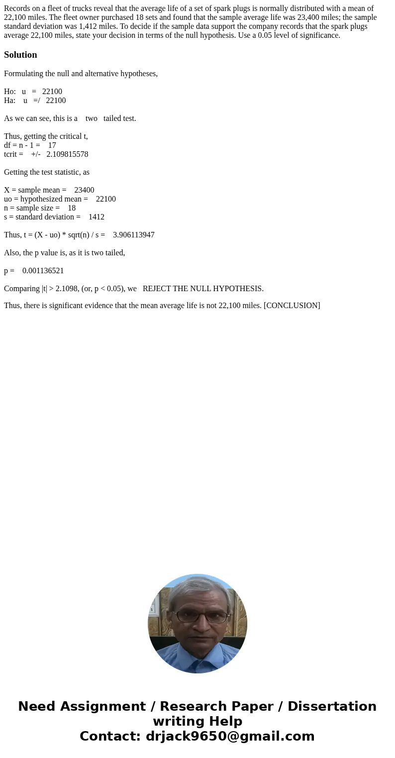Records on a fleet of trucks reveal that the average life of a set of spark plugs is normally distributed with a mean of 22,100 miles. The fleet owner purchased Records on a fleet of trucks reveal that the average life of a set of spark plugs is normally distributed with a mean of 22,100 miles. The fleet owner purchased